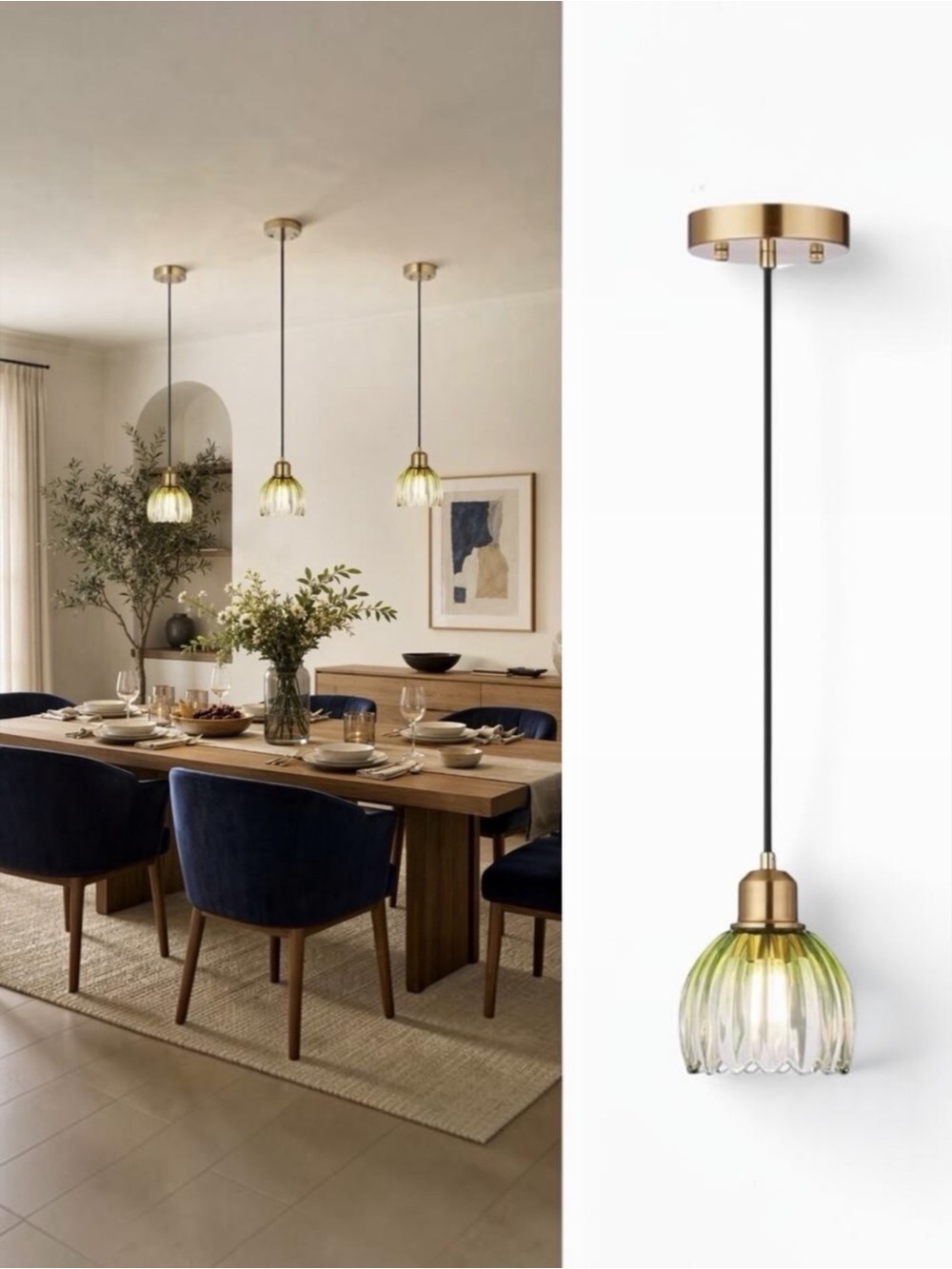 NEW West Elm Vintage Retro Green Gold Glass Tulip Hanging Pendant Light Fixture